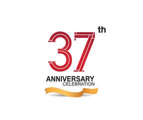 37 anniversary celebration logotype with red color number and golden ribbon. vector can be use for party, company special event and celebration moment