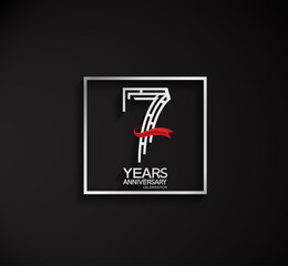 7 years anniversary logotype with square silver color and red ribbon. vector can be use for party, company special event and celebration moment
