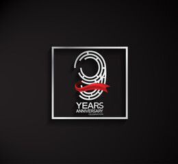 9 years anniversary logotype with square silver color and red ribbon. vector can be use for party, company special event and celebration moment