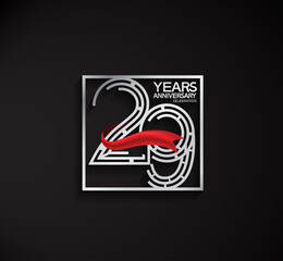 29 years anniversary logotype with square silver color and red ribbon. vector can be use for party, company special event and celebration moment