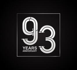 93 years anniversary logotype with cross hatch pattern silver color inside square. vector can be use for party, company special event and celebration moment
