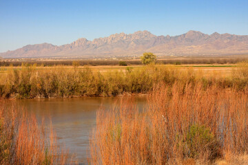View of the Organ Mountain in Las Cruces New Mexico, with Rio Grande River in foreground
