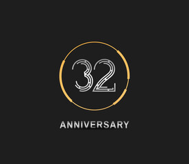 32 anniversary logotype with silver number and golden ring isolated on black background. vector can be use for party, company special event and celebration moment