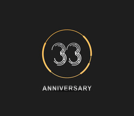 33 anniversary logotype with silver number and golden ring isolated on black background. vector can be use for party, company special event and celebration moment