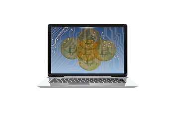 laptop computer with cryptocurrency coin and digital currency money concept