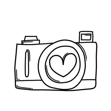 Camera with love Doodle vector icon. Drawing sketch illustration hand drawn cartoon line eps10