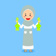 Stock Vector Muslim Character Hold Ketupat