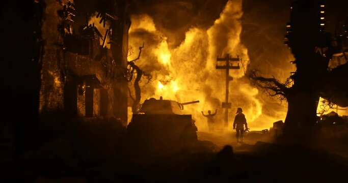 War Concept. Military silhouettes fighting scene on war fog sky background, World War Soldiers Silhouette Below Cloudy Skyline At night. Battle in ruined city. Selective focus