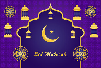 Happy Eid Mubarak background design in purple and gold color. designs for templates