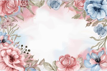 beauty pink blue flowers watercolor frame background