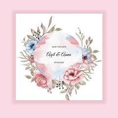 beauty Wedding floral round invitation card with pink blue flowers