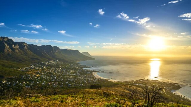 Sunset Time Lapse from Table Mountain over Camps Bay and 12 Apostles, Cape Town, South Africa	