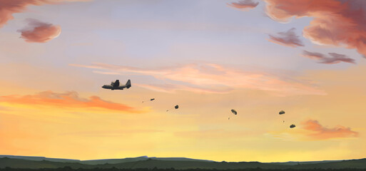 Airplane releases parachutists at sunset