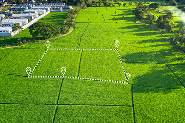Land plot in aerial view. Gps registration survey of property, real estate for map with location,...