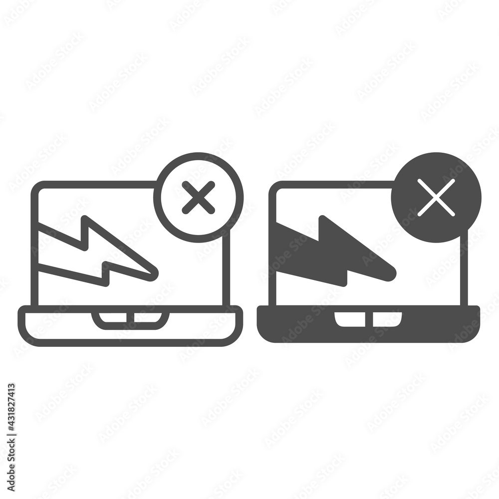 Poster laptop with cracked screen line and solid icon, pcrepair concept, startup error vector sign on white