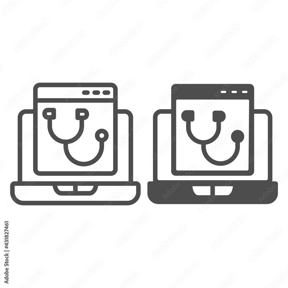 Poster laptop program page with stethoscope line and solid icon, pcrepair concept, laptop vector sign on wh