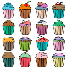 A set of cartoon cupcakes. A set designed for websites, restaurant menus, flyers, etc.