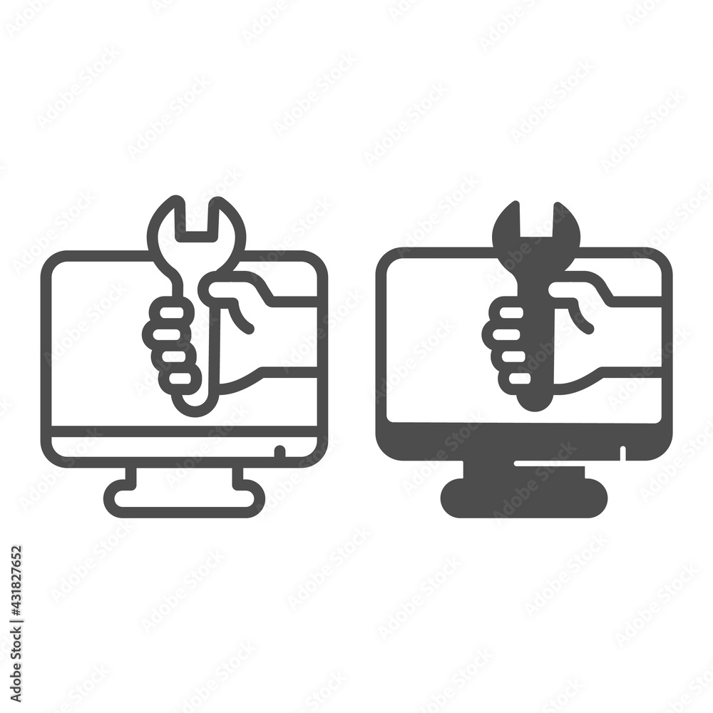 Poster monitor and hand with wrench line and solid icon, pcrepair concept, monitor wrench vector sign on wh