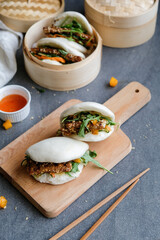 Homemade Thai and Japanese cuisine in Chinese guo bao / Thai Sweet Chili & Teriyaki Tempeh Guo Bao Bento / Good for working people, outings as breakfast or light meal