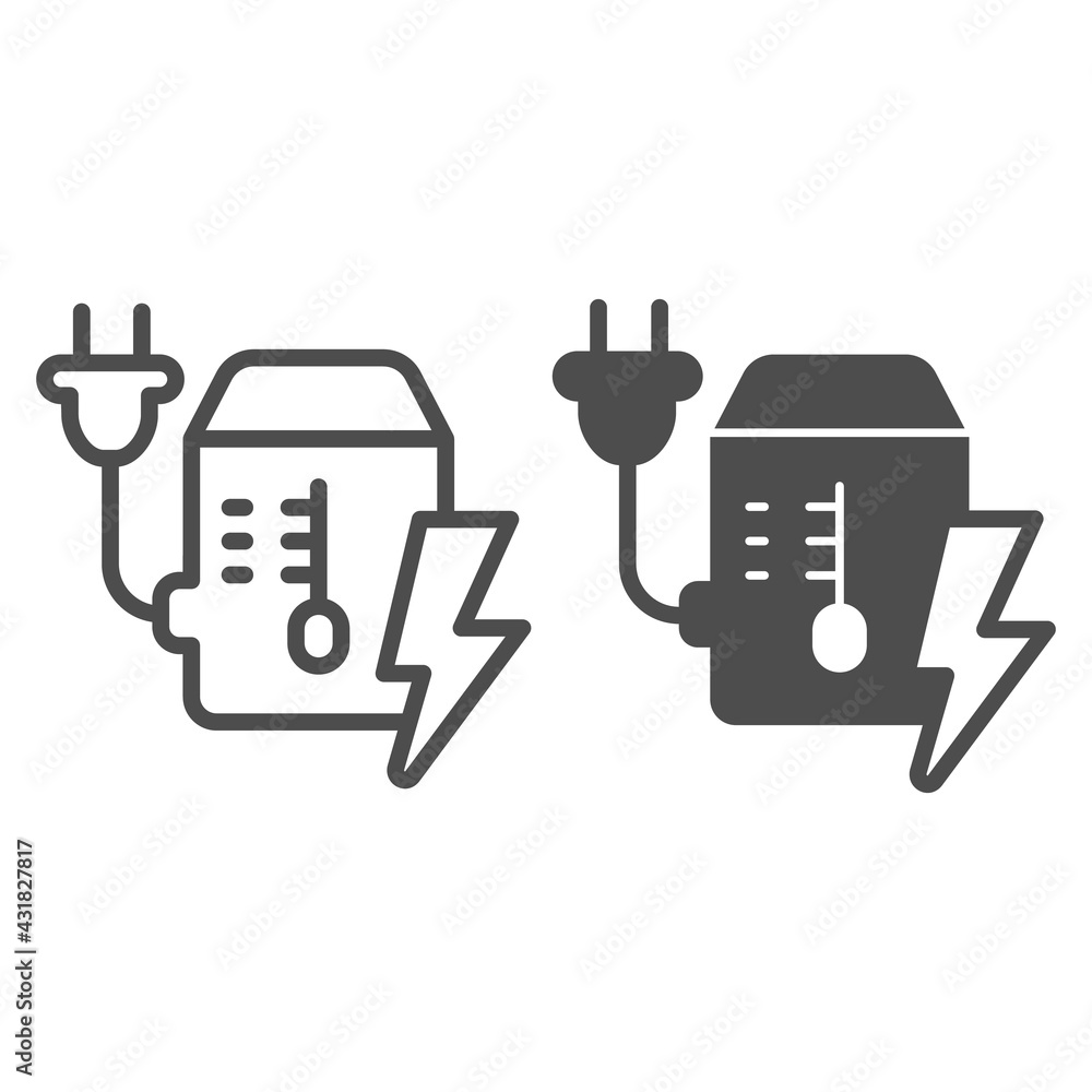 Poster power supply unit line and solid icon, pcrepair concept, mains plug and lightning vector sign on whi