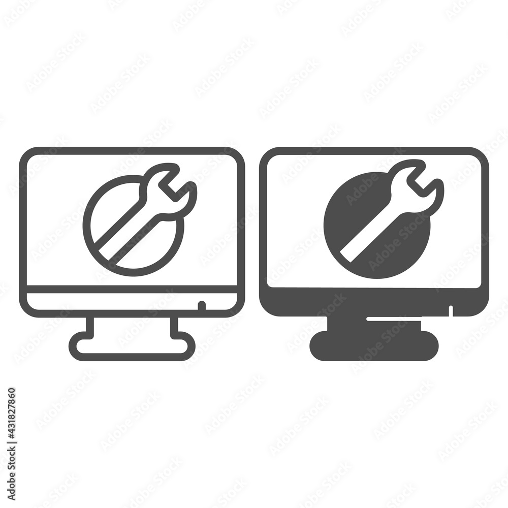 Poster monitor with wrench line and solid icon, pcrepair concept, monitor with wrench vector sign on white 