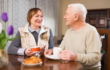 Fototapeta na wymiar Portrait of elderly couple sitting at table and drinking tea. High quality photo