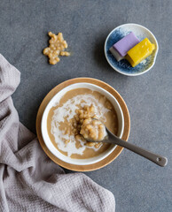 Popular Nyonya dessert / Wheat Soup with Coconut Milk & Nyonya Kueh / Sweetened with palm sugar and...