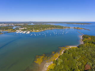 Aerial view of historic grand hotel Wentworth by the Sea dates back to Gilded Age in New Castle,...