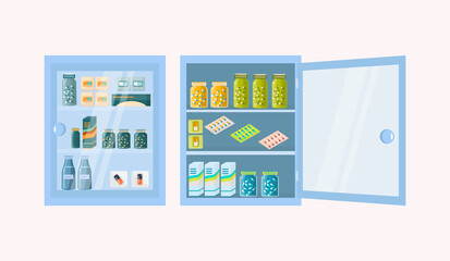 Medicine chest. Pharmacy shelf on wall, vector illustration. On the shelves there are drug, pills in blister packs, bottles. Open and closed pharmaceutical chest, for the first aid kit. Medical office