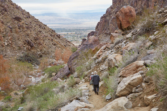 Hiking Through The Rugged Rocks And Boulders Overlooking Palm Springs California USA