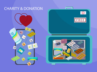 Charity and donation. Medicine chest, first aid kit, vector illustration. Help and philanthropy concept. Volunteering and free humanitarian aid for medicines. Sponsorship. Online registration by phone