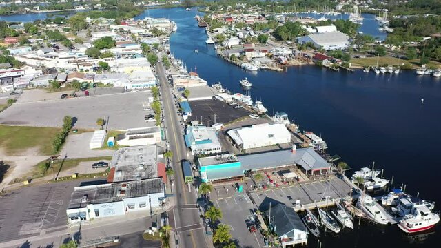 Low flyover in Tarpon Springs at Sponge Docks in gulf coast Florida
