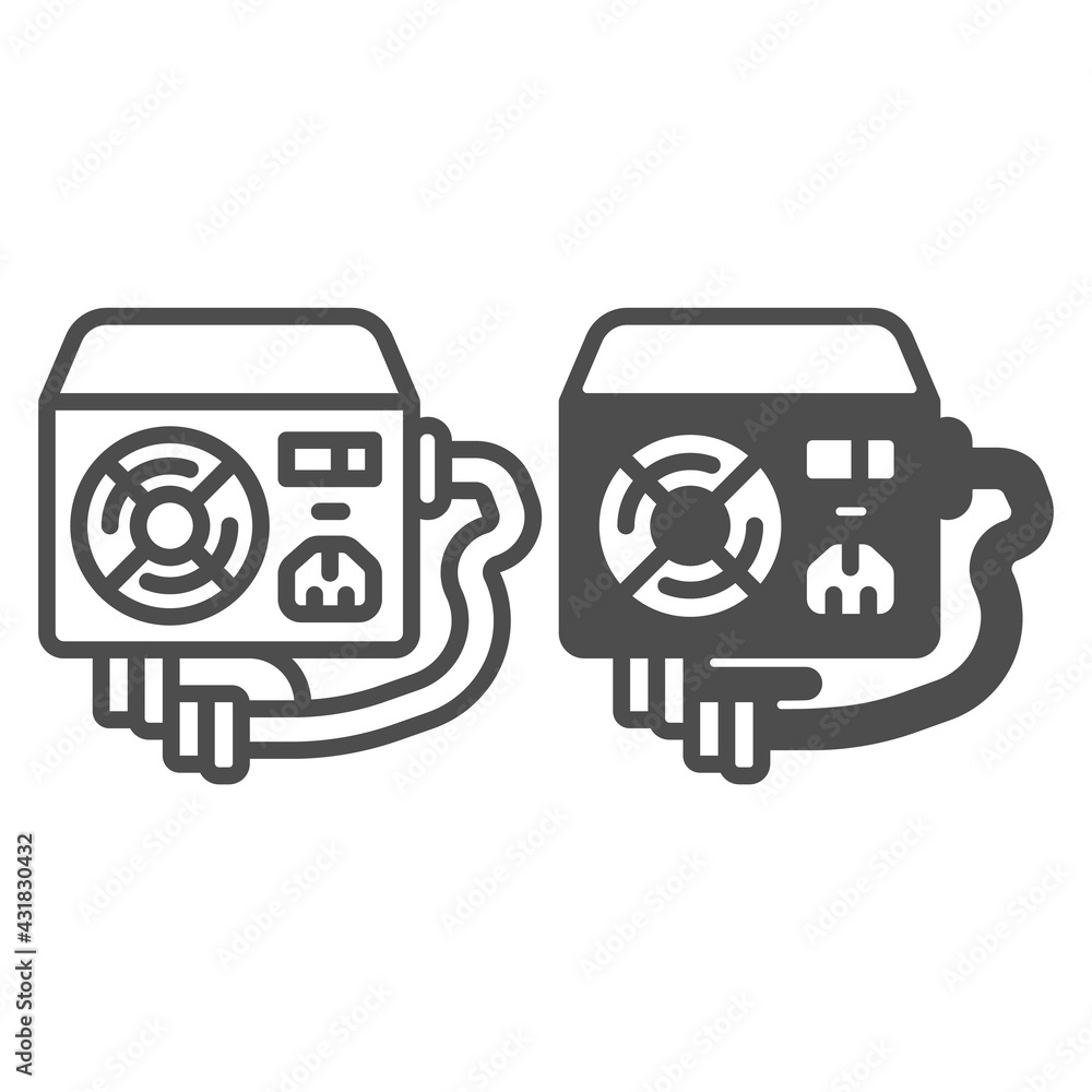 Aufkleber power supply unit line and solid icon, pcrepair concept, fan, mains socket and connectors vector sig