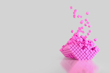 Abstract creative modern pastel pink 3D background a three-dimensional cube lying on its side and exploding small cube particles flying out of it. 3d illustration