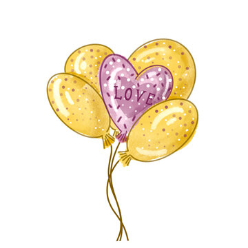 Colorful balloons painted by watercolor. A bunch of balloons with a pattern on a white background. Balloon with the inscription love, decor for the holiday