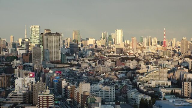 TOKYO, JAPAN : Aerial high angle sunset or sunrise CITYSCAPE of TOKYO. View of buildings at central downtown area. Japanese urban city life and metropolis concept. Real time shot.