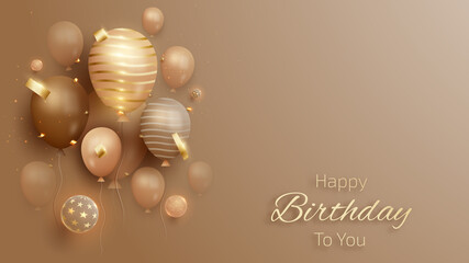 Happy birthday card with luxury balloons and ribbon and gift box. 3d realistic style. vector illustration for design.