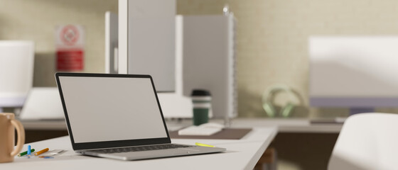 Side view, 3D rendering, portable workspace in office room with laptop and office supplies on the table