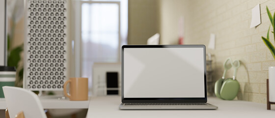 3D rendering, comfortable workspace with laptop, supplies and decorations in home office room