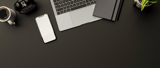 Top view, 3D rendering, dark creative flat lay workspace with smartphone, laptop, notebook, supplies and copy space