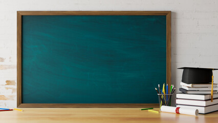 3D rendering, education concept, study table with stationery, books, graduation cap and copy space on the table with chalkboard on the wall © bongkarn