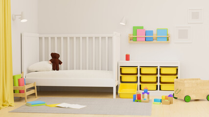 3D rendering, baby bedroom interior design with bad, cabinet, toys, playthings, doll and books shelf on the wall
