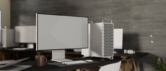 Naklejka premium Side view of loft office room with computer desk, office supplies, chair and decorations, 3D rendering