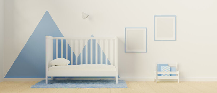 3D rendering, minimal kid bedroom with bed, book shelf, carpet, and mock-up frame on painted wall