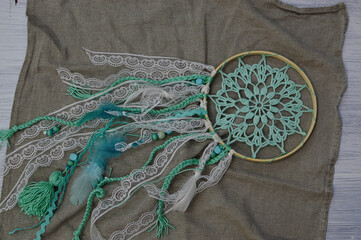 Mint in dream catcher color on natural linen fabric, hand made.