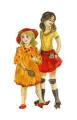 Two girls. Watercolor. Cartoon girls watercolor for wallpaper design. Cute watercolor background.  wallpaper illustration. design. Poster design. Pink girls watercolor in beautiful style