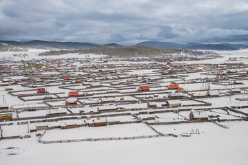 Haatgal town in heavy snow in Khuvsgul Lake, Mongolia