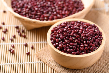 Azuki beans or red mung beans in a wooden bowl, Food ingredients in many Chinese dishes and filling in Japanese sweet