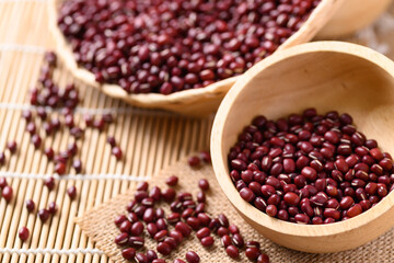 Azuki beans or red mung beans in a wooden bowl, Food ingredients in many Chinese dishes and filling in Japanese sweet