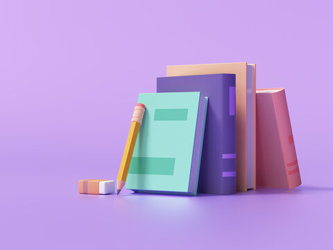 Online education, E-learning concept. stack of books, bookshelf. 3d render illustration
